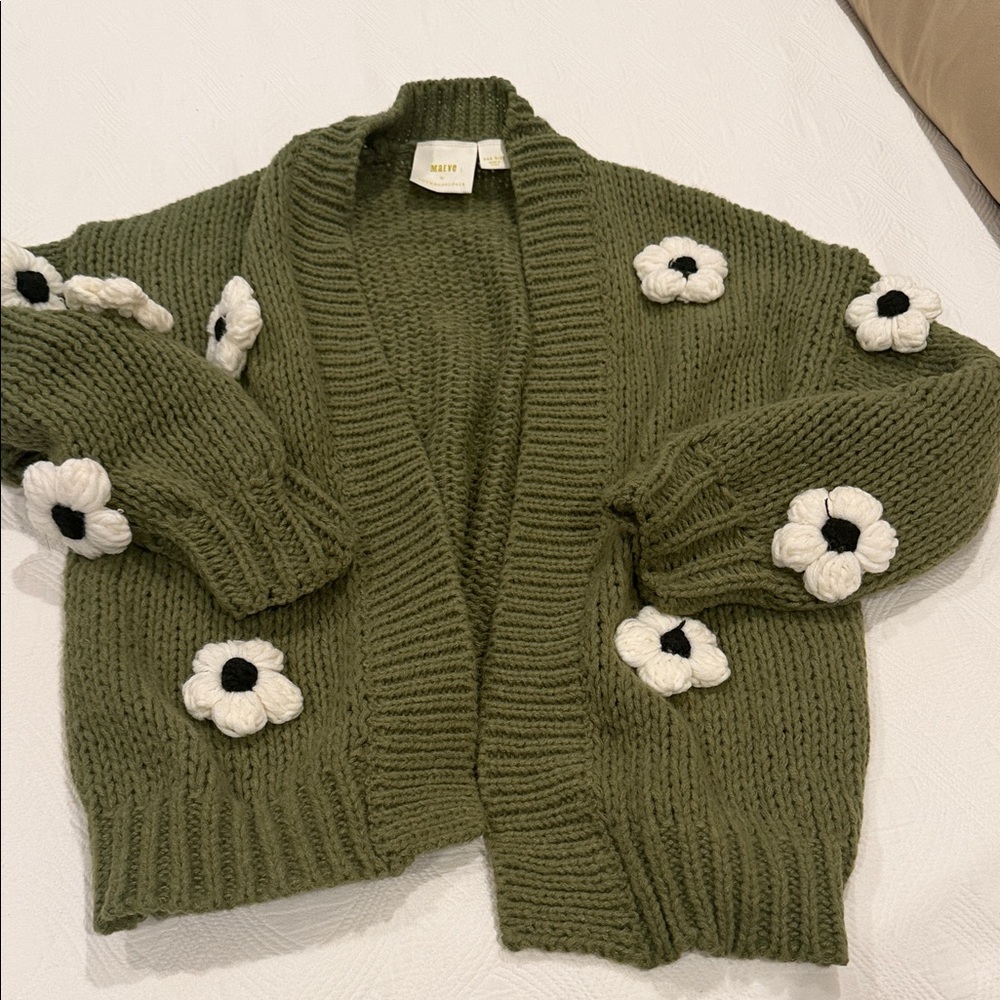 Anthropologie Olive Green Cardigan with White Floral Accents
